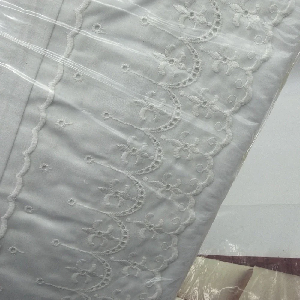2- Fieldcrest no-iron percale white twin-size flat bed sheet eyelet trim lace